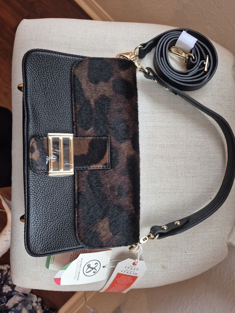 Divina Firenze Handmade Italian Leathrteopard Crossbody Bag with Gold Hardware